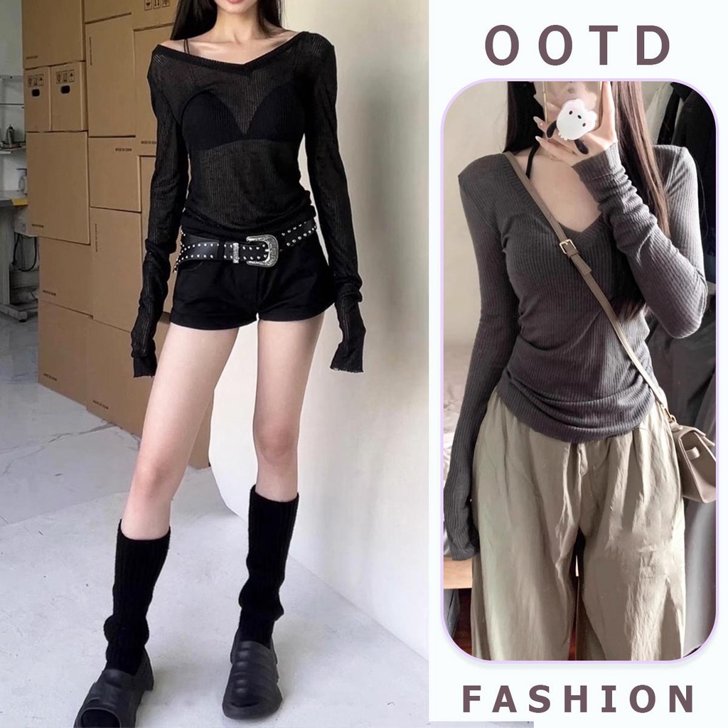 mimi&didi เสื้อยืดแขนยาวผู้หญิง เสื้อยืปาดไหล่ดรัดรูป Y2K สไตล์เกาหลี คอวี ทรงหลวม เป็นที่นิยม ผ้าสีพื้นใส่สบาย#5526