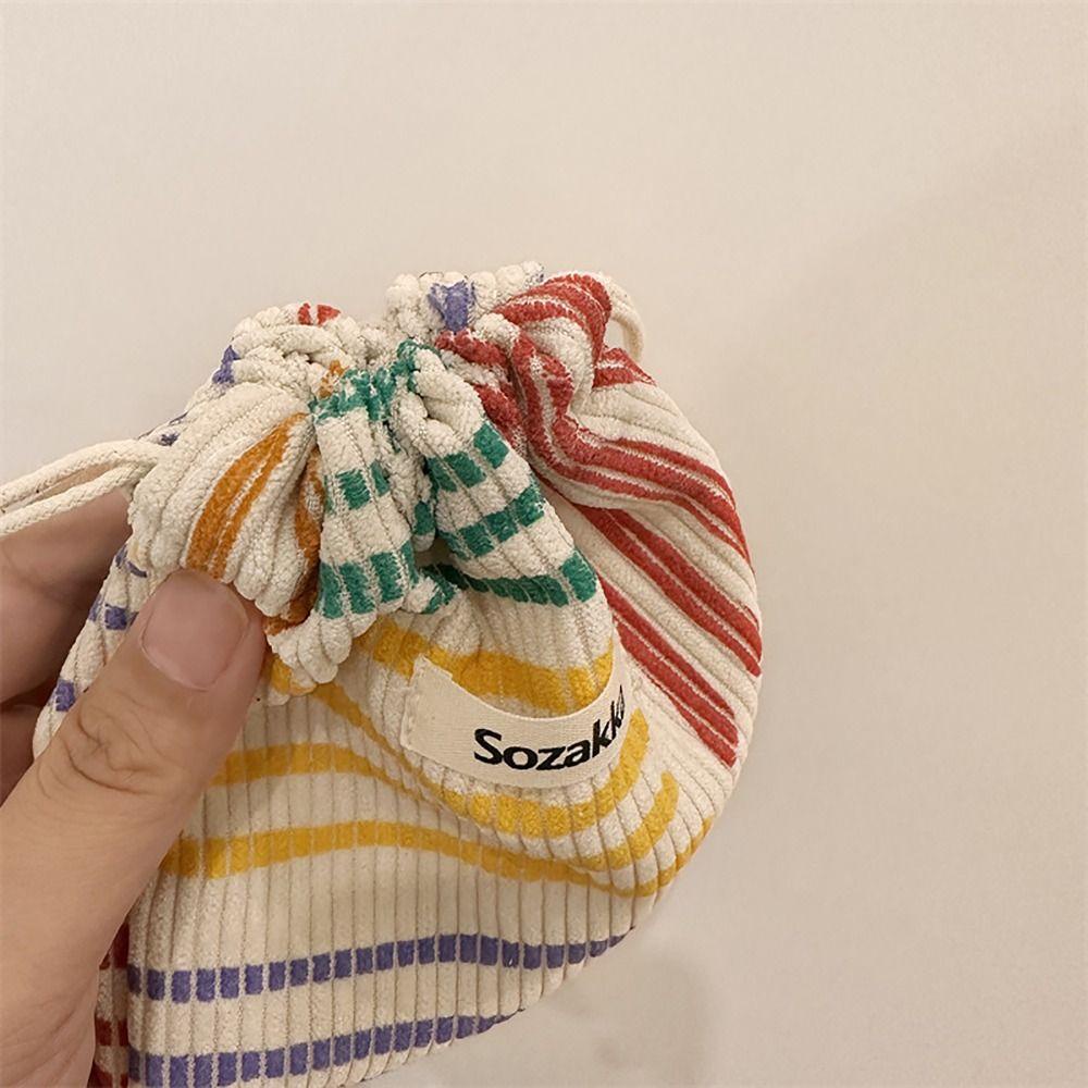 Mih Corduroy Drawstring Bag, Color Line Coin Purse Vintage Drawstring Pocket, 2024 Pastoral วรรณกรรมสไตล์เครื่องประดับกระเป๋าผู้หญิงสุภาพสตรี