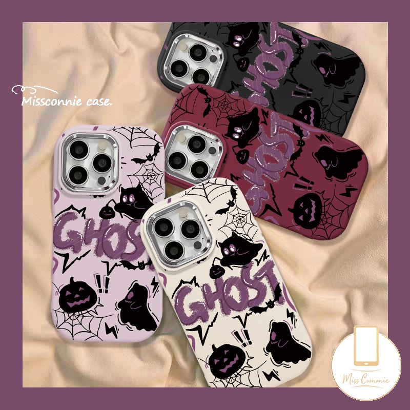 การ์ตูนน่ารักผีน้อยแมงมุมเว็บฟักทองฮาโลวีนเคสโทรศัพท์เข้ากันได้สําหรับiphone 15 16 14 11 13 12 Pro Max 8 7 15 Plus XR X XS Max SEสร้างสรรค์ชุบเลนส์โลหะเคสนุ่ม