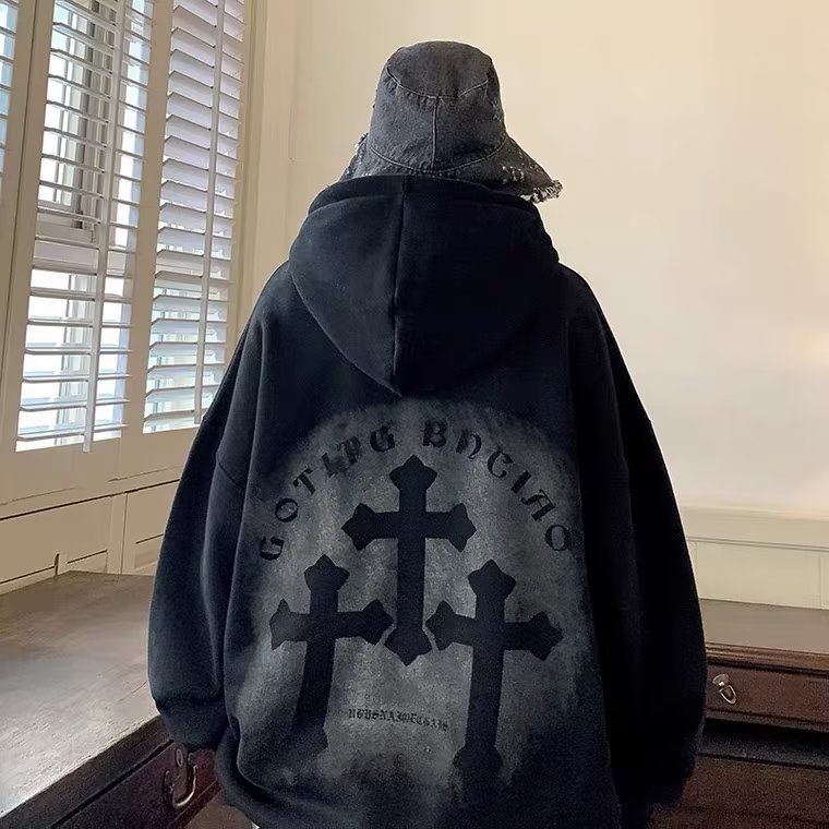 Plus ขนาด M-8XL คู่ Hoodie2025 ใหม่สไตล์อเมริกัน Cross พิมพ์กํามะหยี่หนารอบคอผ้าฝ้าย Hoodie ผู้ชายแฟชั่นแบรนด์ Hip Hop หลวมสวมใส่ Unisex เสื้อกันหนาว