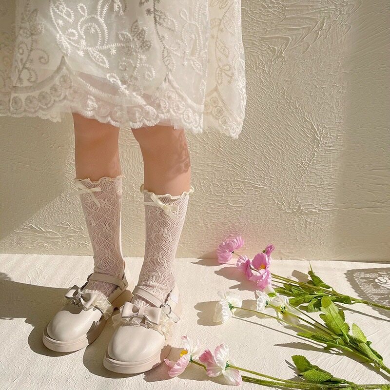 PRETTY BABY ถุงเท้าเด็ก ถุงเท้าตาข่ายลูกไม้ประดับโบว์ (1-13ปี) (991)