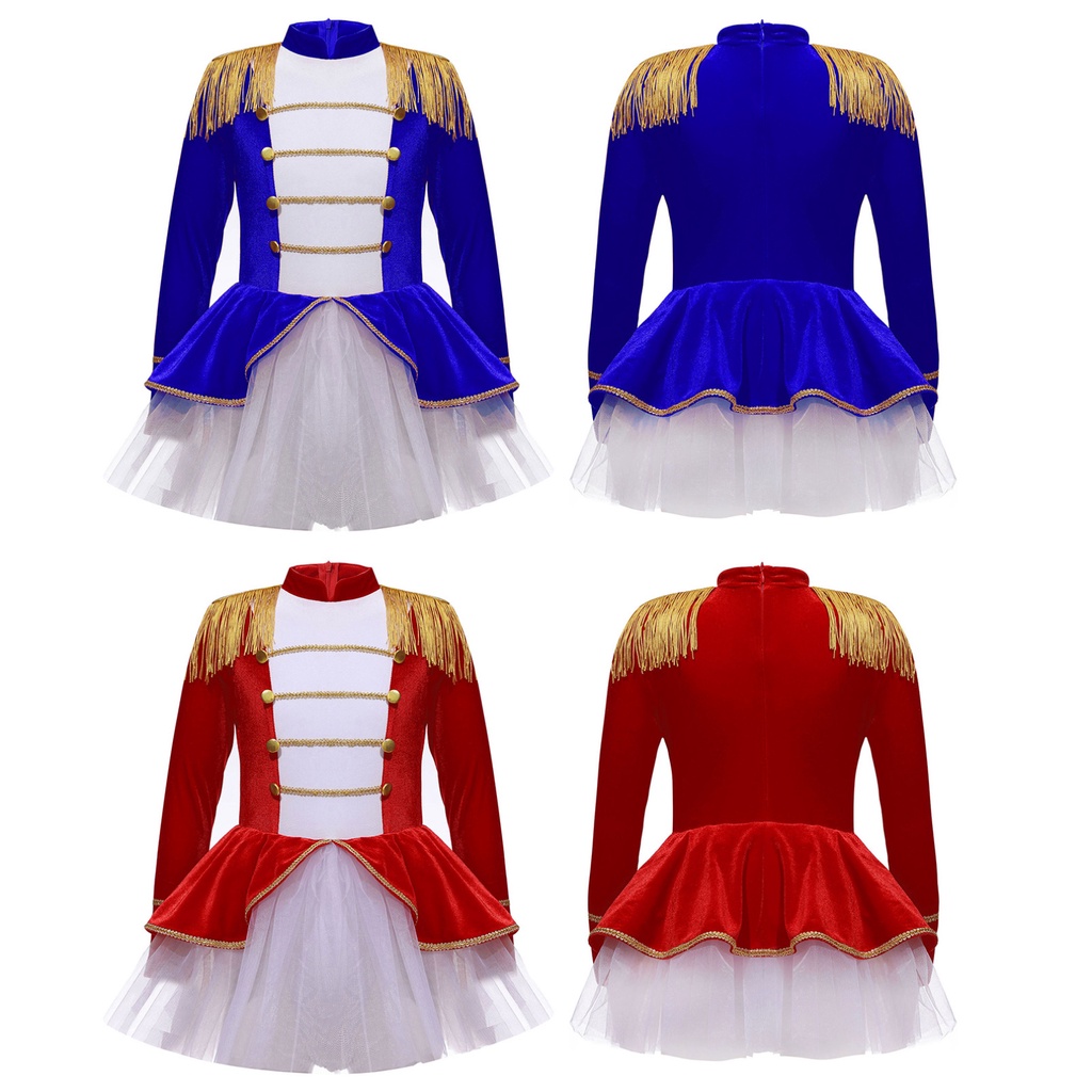 สาวคริสต์มาส Circus เครื่องแต่งกายแขนยาวพู่ Epaulet ตาข่าย Tutu Leotard Jumpsuit เครื่องแต่งกายประสิทธิภาพเทศกาลคอสเพลย์เครื่องแต่งกาย