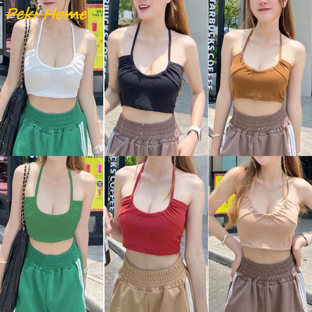 พร้อมส่ง เสื้อครอปสายเดี่ยวคล้องคอ สีสันสดใส ใสเที่ยวปาร์ตี้