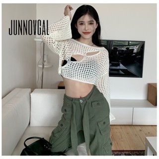 JUNNOVGAL เสื้อยืดผู้หญิง Hollow Out โปร่งแสงสีทึบ Slim Fit …