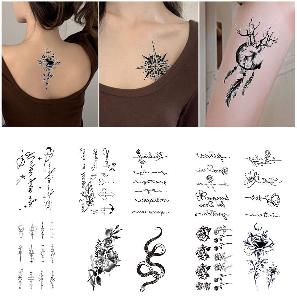 สติกเกอร์รอยสัก พิมพ์ลายตัวอักษร ดอกไม้ ป้องกันน้ํา แบบใช้แล้วทิ้ง