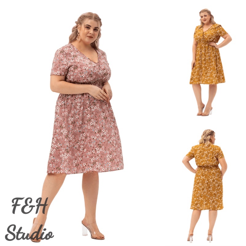 F&H 4019-2 สี XL-5XL ฤดูร้อน Plus ขนาดผู้หญิงแขนสั้น V คอเอวยางยืดพิมพ์ชุด