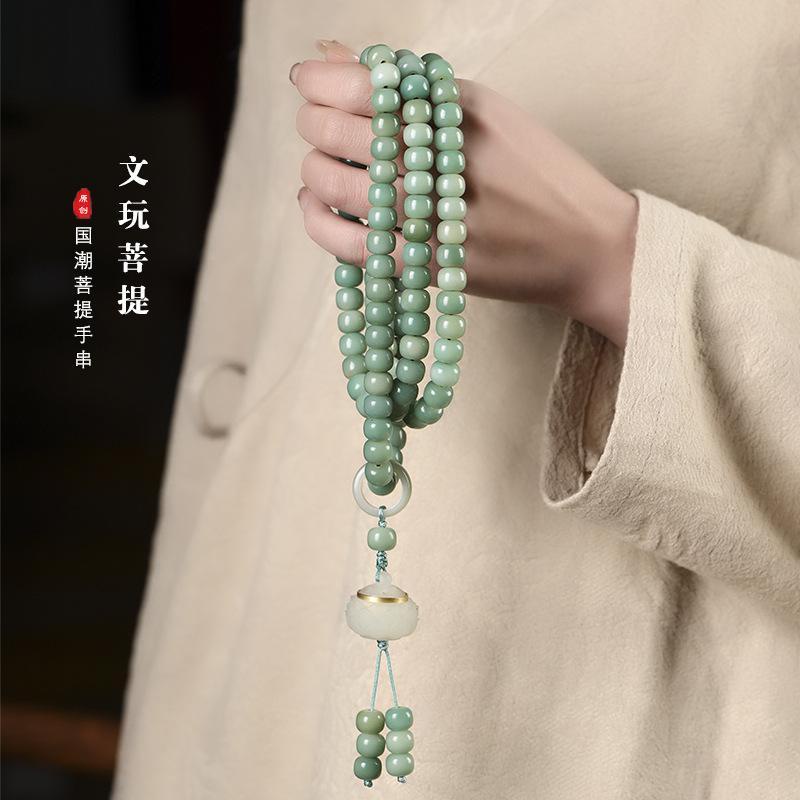 สร้อยข้อมือ แบบมือถือ วงกลม สีเขียวไล่โทนสี 108 สไตล์ชนเผ่า