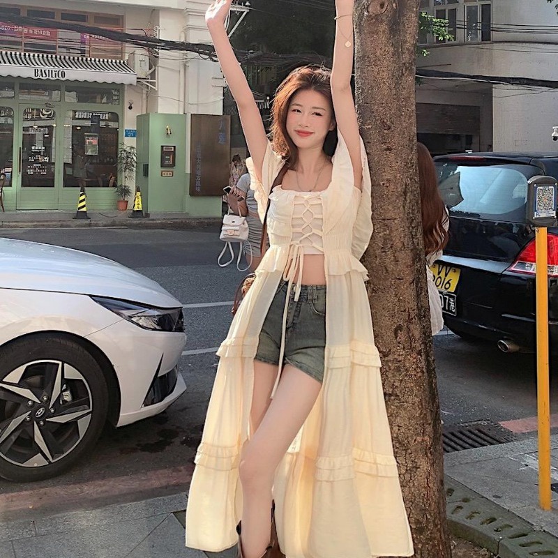 (ส่งจากกรุงเทพ) ฤดูร้อนรูปแบบใหม่ สาวฮอตกระโปรงยาวคาร์ดิแกนไหล่เดียวทรงสลิม - รูปที่ 6