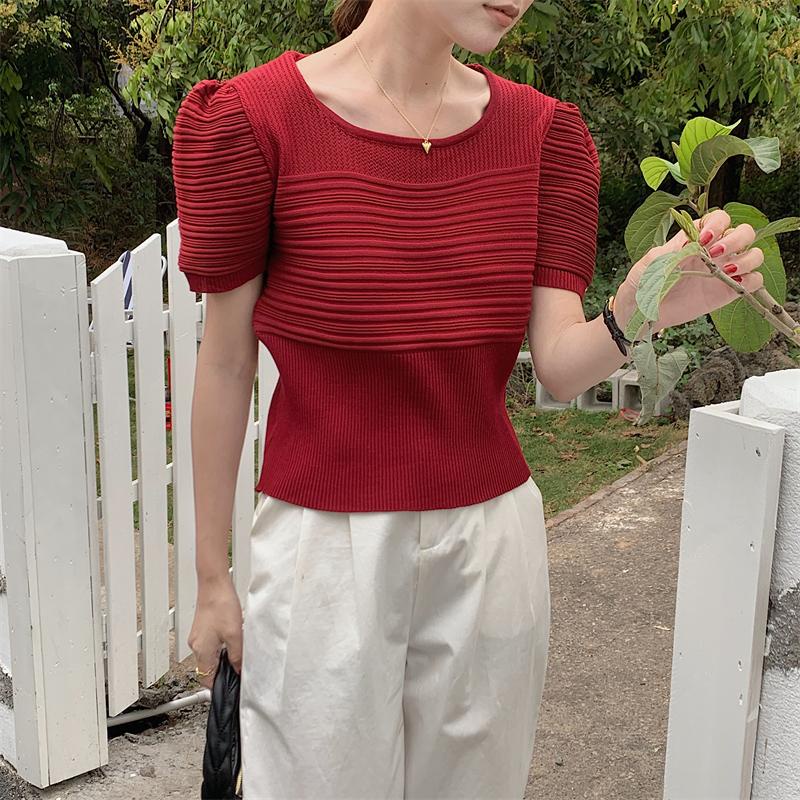 LitlteBee.shop.26108เสื้อยืดแขนสั้น คอสี่เหลี่ยม ผ้าถัก เข้ารูป แฟชั่นฤดูร้อน สไตล์ฝรั่งเศส สําหรับผู้หญิง 2023