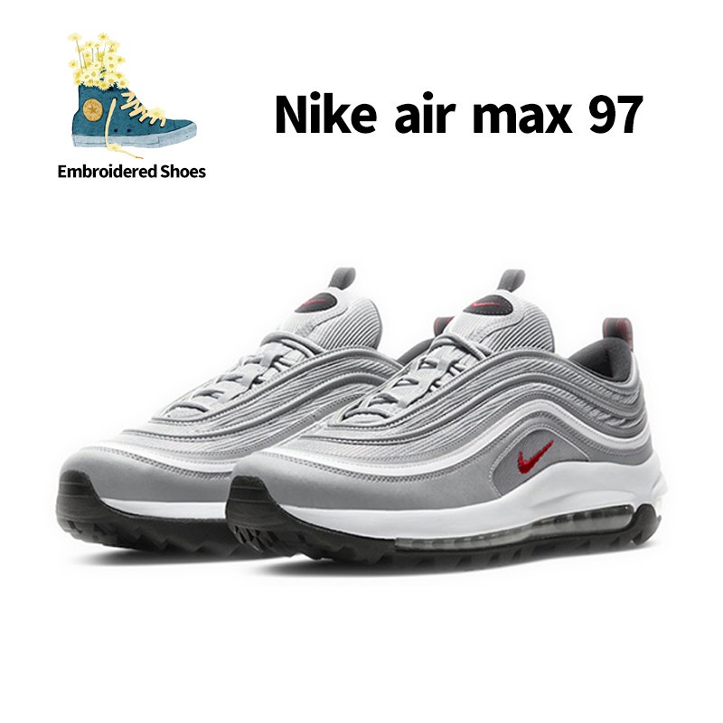 NIKE Air Max 97 OG QS Silver 3M รองเท้าวิ่งสะท้อนแสงกีฬาสันทนาการชายหญิงกันกระแทก แนวโน้ม