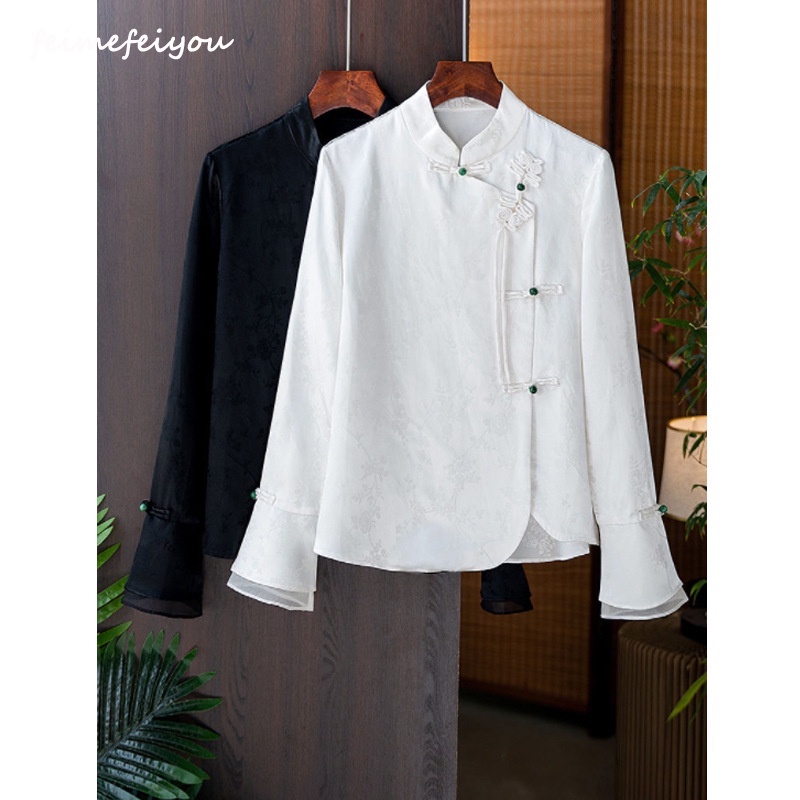 ใหม่ เสื้อเชิ้ตกี่เพ้า แขนยาว ผ้าเรยอนเทียม สีขาว ดํา สไตล์จีนวินเทจ หรูหรา พลัสไซซ์ สําหรับผู้หญิง 2024