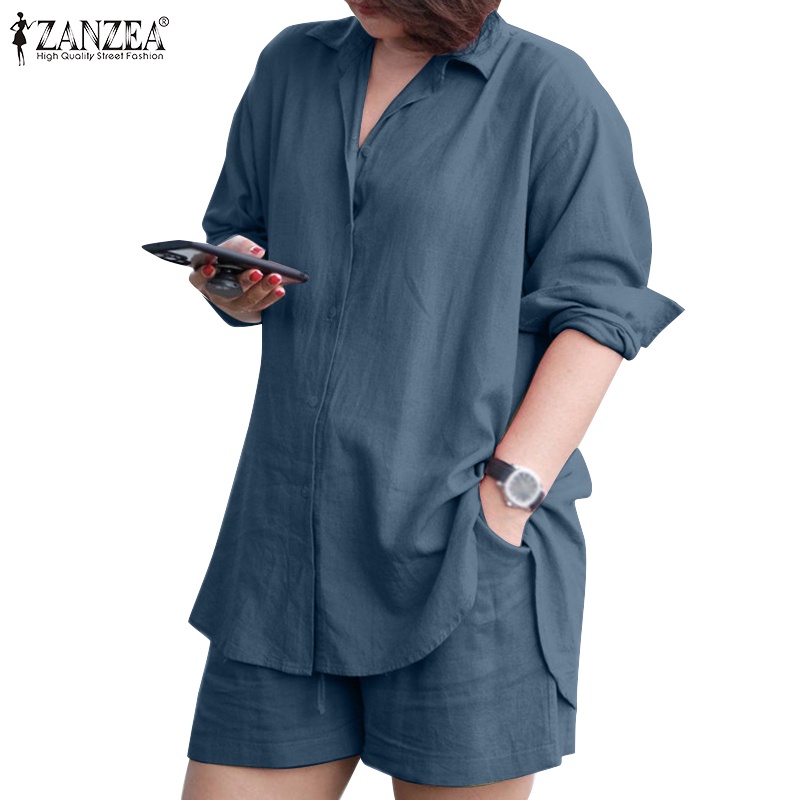 Zanzea เสื้อแขนยาว เอวยางยืด มีกระเป๋า กางเกงขาสั้น สไตล์วินเทจ สําหรับผู้หญิง