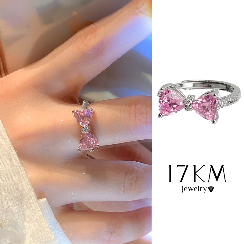 แหวนเงิน ประดับโบว์ เพทาย สีชมพูหวาน ยาว 17 กม. สําหรับผู้หญิง