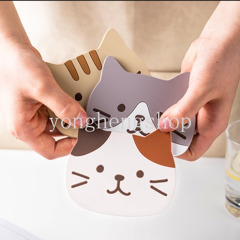 Ins แผ่นรองแก้ว ซิลิโคน รูปการ์ตูนแมวน่ารัก กันลื่น ทนความร้อน อุปกรณ์เสริมห้องครัว สําหรับวางแก้วชา กาแฟ เครื่องดื่ม