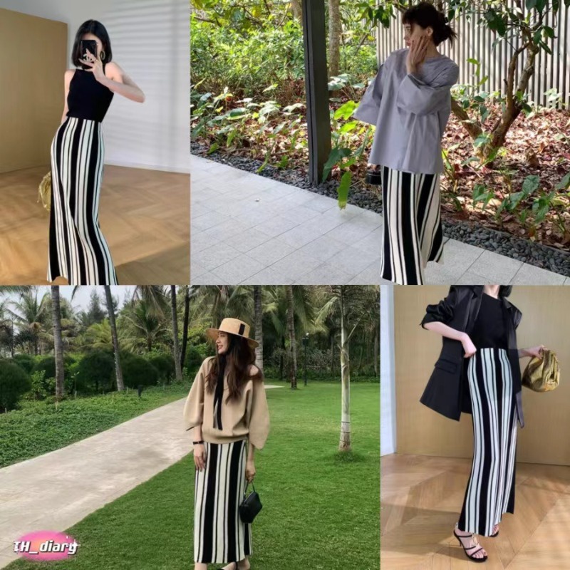 (พร้อมส่งในกรุงเทพ)เอวสูงของผู้หญิง คุณสามารถถัก กระโปรงลายทางแฟชั่นใหม่Z195