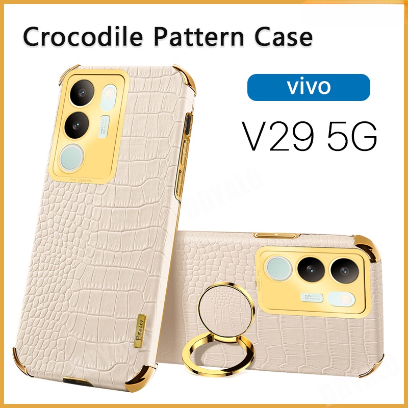 เคสโทรศัพท์มือถือหนังนิ่ม กันกระแทก กันรอยกล้อง ลายหนังจระเข้ พร้อมแหวนขาตั้ง สีทอง สําหรับ Vivo V29 Case V29E V27 V27E V25E V25 Pro V23E V23 5G V21 5G