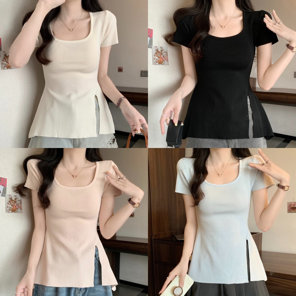 💗Anne💗เสื้อยืด ไหมพรม คอกลม สีพาสเทลสดใส สีทึบ สลิมฟิต ผ้ายืด แขนสั้น เสื้อ แฟชั่น สไตล์เกาหลี ทรงสวย💐#D113
