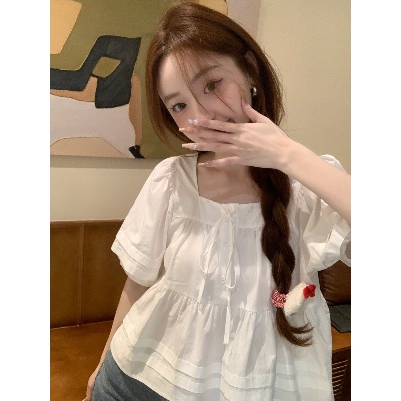 LINNA~ปลอกคอสแควร์ สีทึบ ผูกขึ้น แขนสั้น เสื้อเชิ้ต