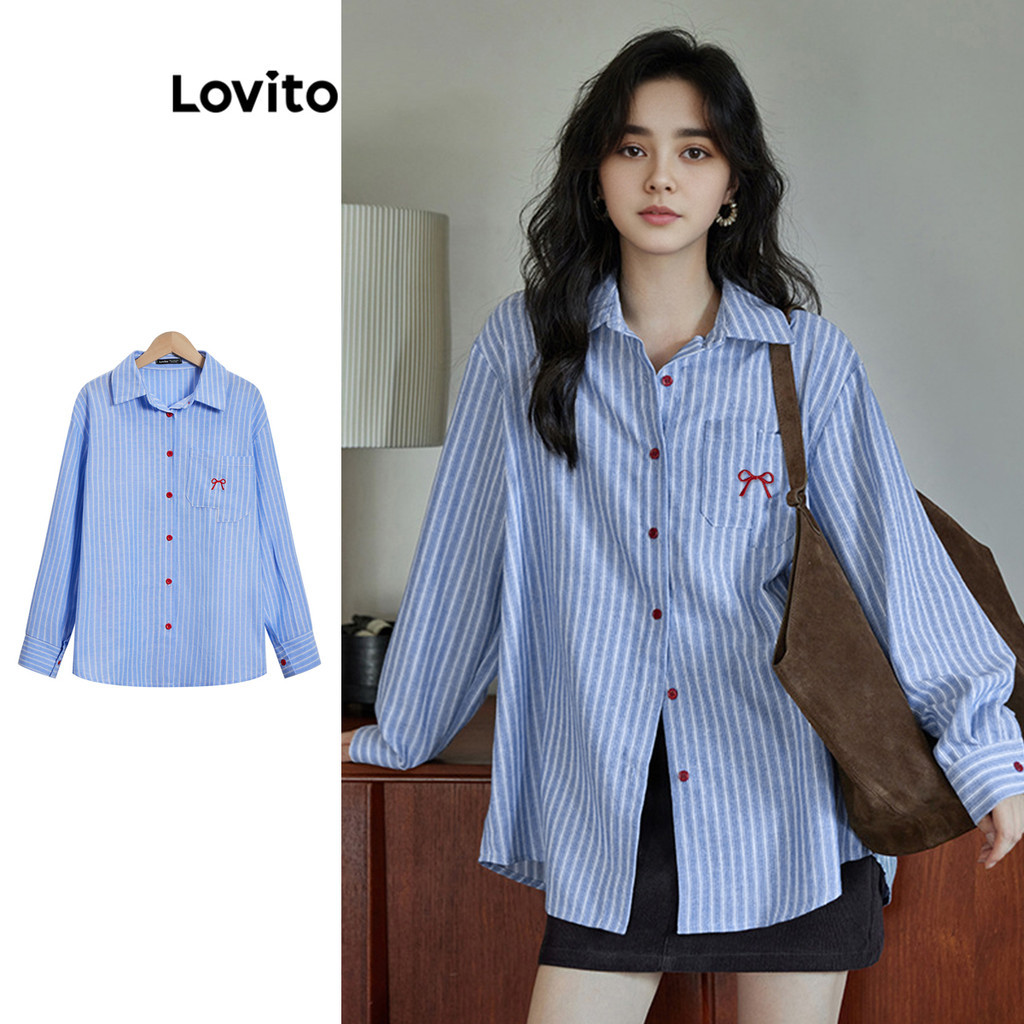 Lovito เสื้อเบลาส์กระดุมกระเป๋าลายทางลำลองสำหรับผู้หญิง L102AD094
