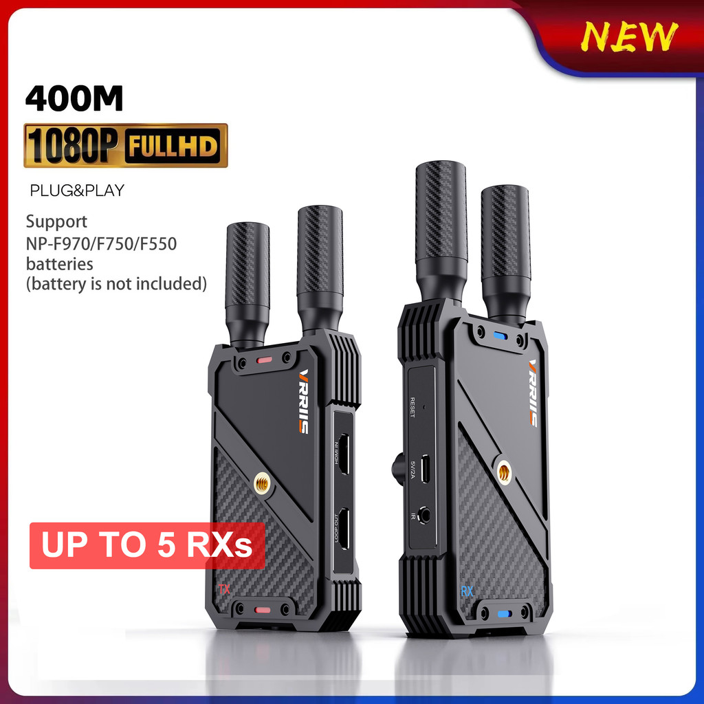 ตัวขยาย HDMI ไร้สาย 400 ม. เครื่องส่งสัญญาณวิดีโอเสียงและตัวรับสัญญาณรองรับกล้องแบตเตอรี่จอแสดงผลคู่