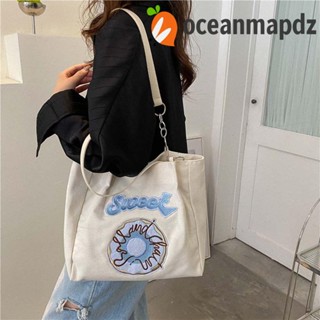 Oceanmapdz กระเป๋าโท้ท ผ้าแคนวาส ปักลายตัวอักษร ทรงสี่เหลี่ยม ขนาดใหญ่ ใช้ซ้ําได้ สําหรับนักเรียน