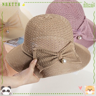 Nextth หมวกฟางถัก กันแดด ประดับไข่มุก ระบายอากาศ ขนาดใหญ่ พับได้ แฟชั่นฤดูร้อน