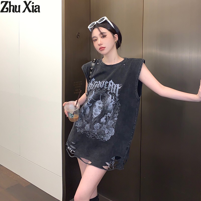 Zhu Xia เสื้อยืดแขนกุด ผ้าฝ้าย ลายเด็กผู้หญิงเผ็ด สไตล์อเมริกัน พร้อมสายโซ่คล้อง