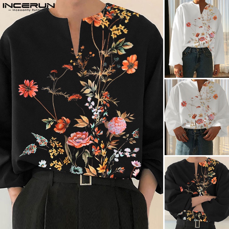 Incerun เสื้อเชิ้ตแขนยาว คอวี ทรงหลวม ลายดอกไม้ แฟชั่นเกาหลี สําหรับ ...