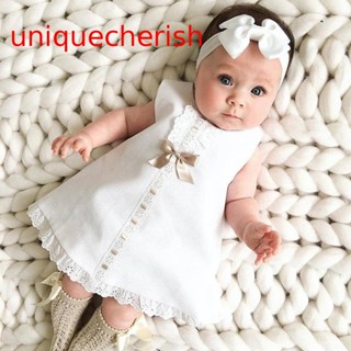 【Unique】ชุดเดรส ผ้าพันคอ แขนสั้น คอกลม แต่งลูกไม้ ประดับโบว์ สีพื้น สําหรับผู้หญิง