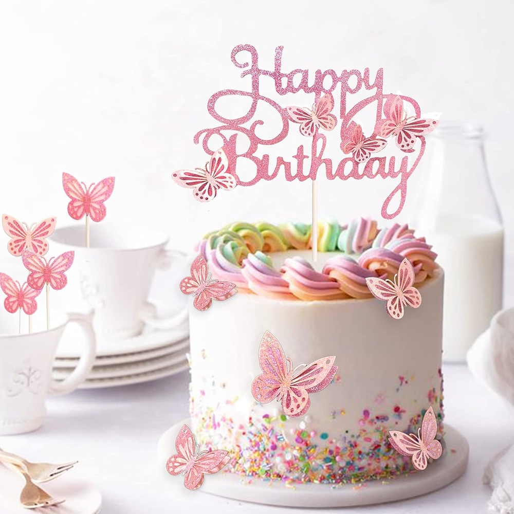 13 ชิ้น/เซ็ตธีมผีเสื้อสีชมพูเค้ก Topper 3D Hollow Glitter Butterfly Cupcake Topper สำหรับสาวเจ้าหญิงวันเกิดตกแต่งพรรค