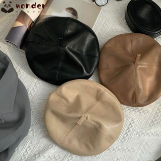 Wonder หมวกเบเร่ต์ หนัง PU ทรงแปดเหลี่ยม สีดํา สไตล์เรโทร แฟชั่นฤดูใบไม้ผลิ ฤดูใบไม้ร่วง ฤดูหนาว