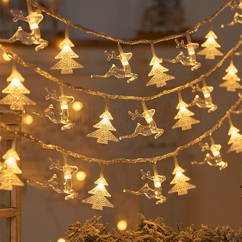 Elk Xmas Tree Shaped String โคมไฟ/Star Snowflake Ball Light String/แบตเตอรี่ขับเคลื่อน LED จี้โคมไฟ/เตาผิงบันไดตกแต่งสวน/คริสต์มาสงานแต่งงานอาหารค่ําเครื่องประดับ
