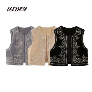 Uibey เสื้อกล้าม คอกลม แขนกุด ปักลูกปัด ผ้ากํามะหยี่ แฟชั่น 5342