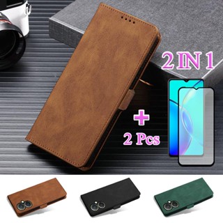 2 IN 1 เคสหนัง เซรามิก กันรอยหน้าจอ พร้อมช่องใส่บัตร สําหรับ VIVO Y27 2023