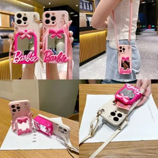 3D สําหรับ iPhone 15 Pro Max 14 12 13 Mini 11 X XS XR i7 i8 i6s i6 plus SE 2020 เคสมือถือ Soft TPU Case เคสป้องกัน Cute Cartoon Barbie Mirror Coin Purse เปลือกกันกระแทก ซองซิลิโคน มีเชือกแขวนอยู่