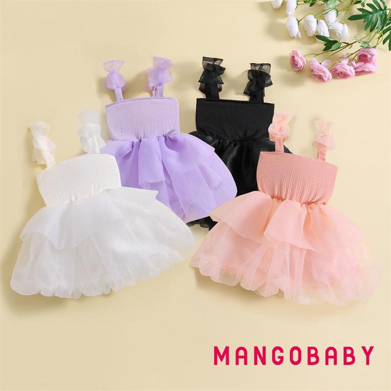 (จัดส่งในกรุงเทพฯ)-ผู้หญิง A-line ชุด แขนกุดโบว์ Tulle Patchwork Party Dress ชุดฤดูร้อนสําหรับวันเกิด