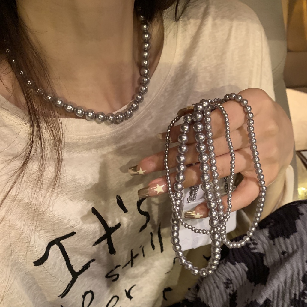 สร้อยคอโซ่ ประดับลูกปัดไข่มุก สีเทา สไตล์เกาหลี ไฮเอนด์ 2023