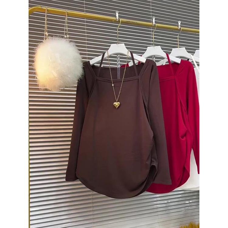 【เสื้อยืดผู้หญิง】เสื้อยืดแขนยาว คอสี่เหลี่ยม ทรงหลวม สไตล์เกาหลี พลัสไซซ์ (40-150 กก.)