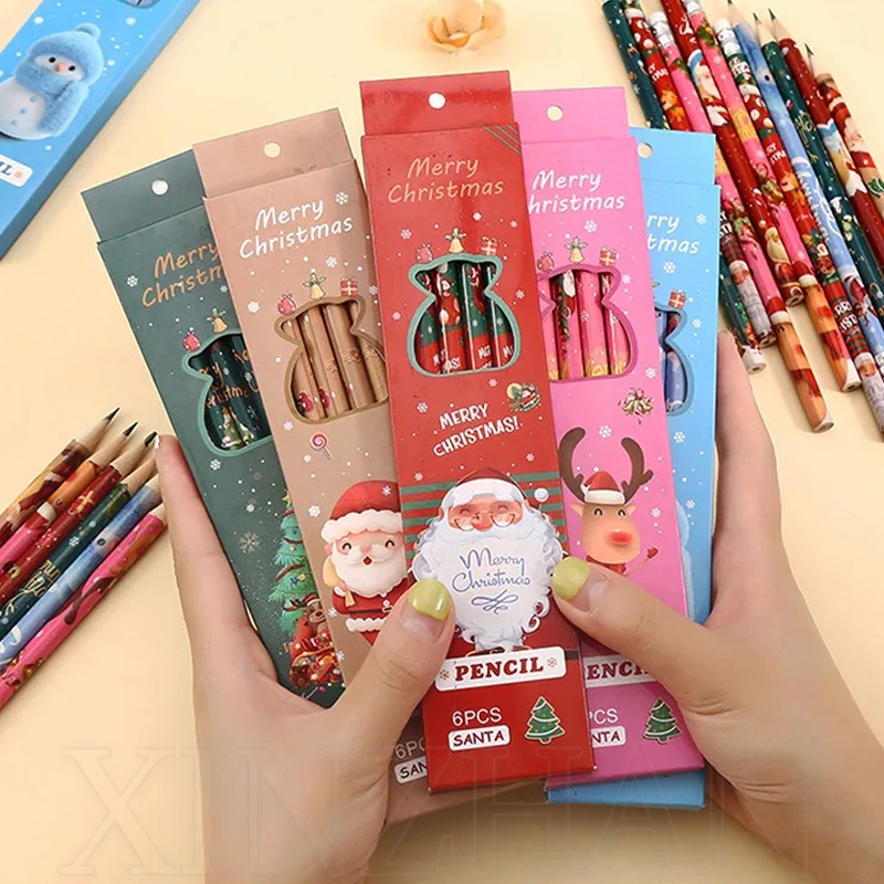 Kawaii Santa Claus Elk HB ชุดดินสอไม้ / ปากกาสเก็ตช์วาดภาพ การเขียนนักเรียน / 6 ชิ้น / กล่อง ดินสอการ์ตูนคริสต์มาสน่ารัก พร้อมยางลบ / อุปกรณ์เครื่องเขียนโรงเรียน