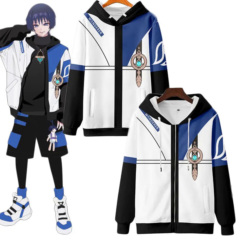 เสื้อแจ็กเก็ตคอสเพลย์ Game Genshin Impact Wanderer Scaramouche Kunikuzushi แบบสวมหัว แต่งซิป สําหรับผู้ชาย และผู้หญิง