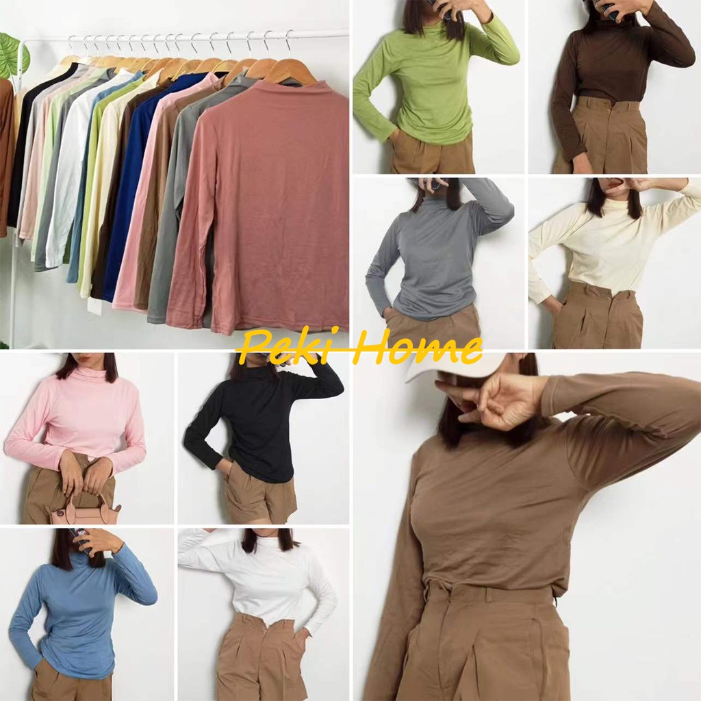 พร้อมส่ง เสื้อยืดเเขนยาวสไตล์เกาหลีสีพื้นคอสูง ใส่สบายไม่ร้อน