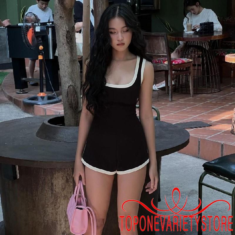 Topone-women Summer Short Jumpsuit แขนกุด U คอ Contrast Color Slim Fit Playsuit