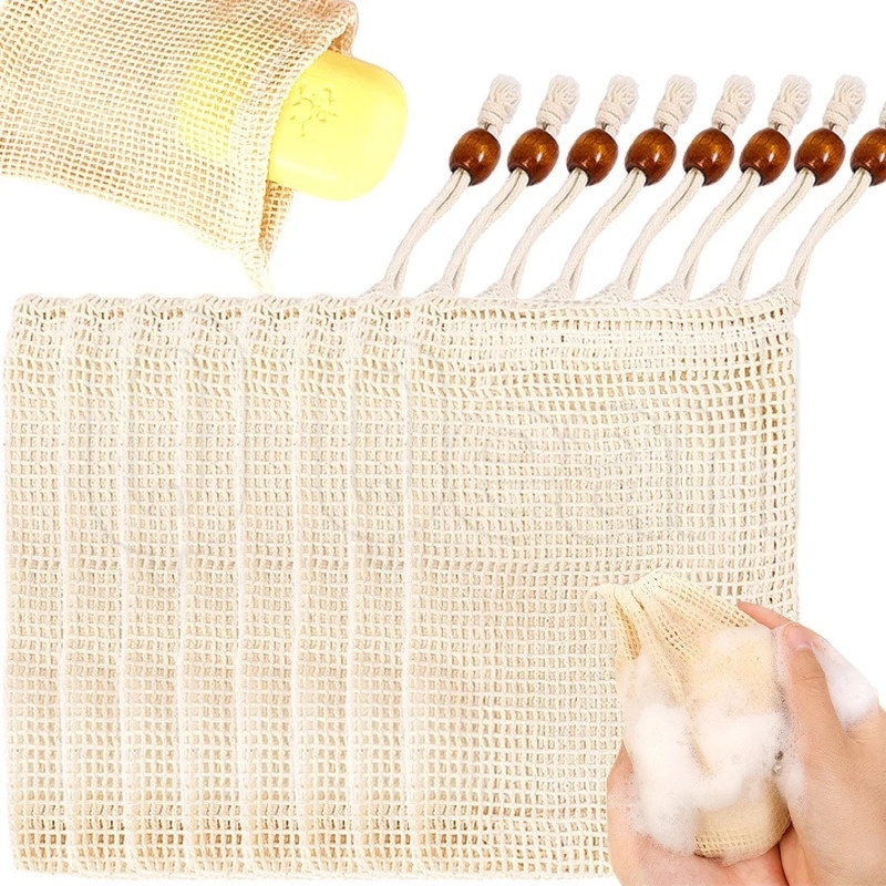 ถุงตาข่ายผ้าฝ้ายแท้ แฮนด์เมด ใช้ซ้ําได้ สําหรับใส่สบู่ ใช้ในห้องน้ํา