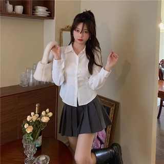 เสื้อเชิ้ตสีขาวเกาหลี ผ้าใส่สบาย เสื้อเชิ้ตผู้หญิงแขนยาว เสื้อนักเรียน