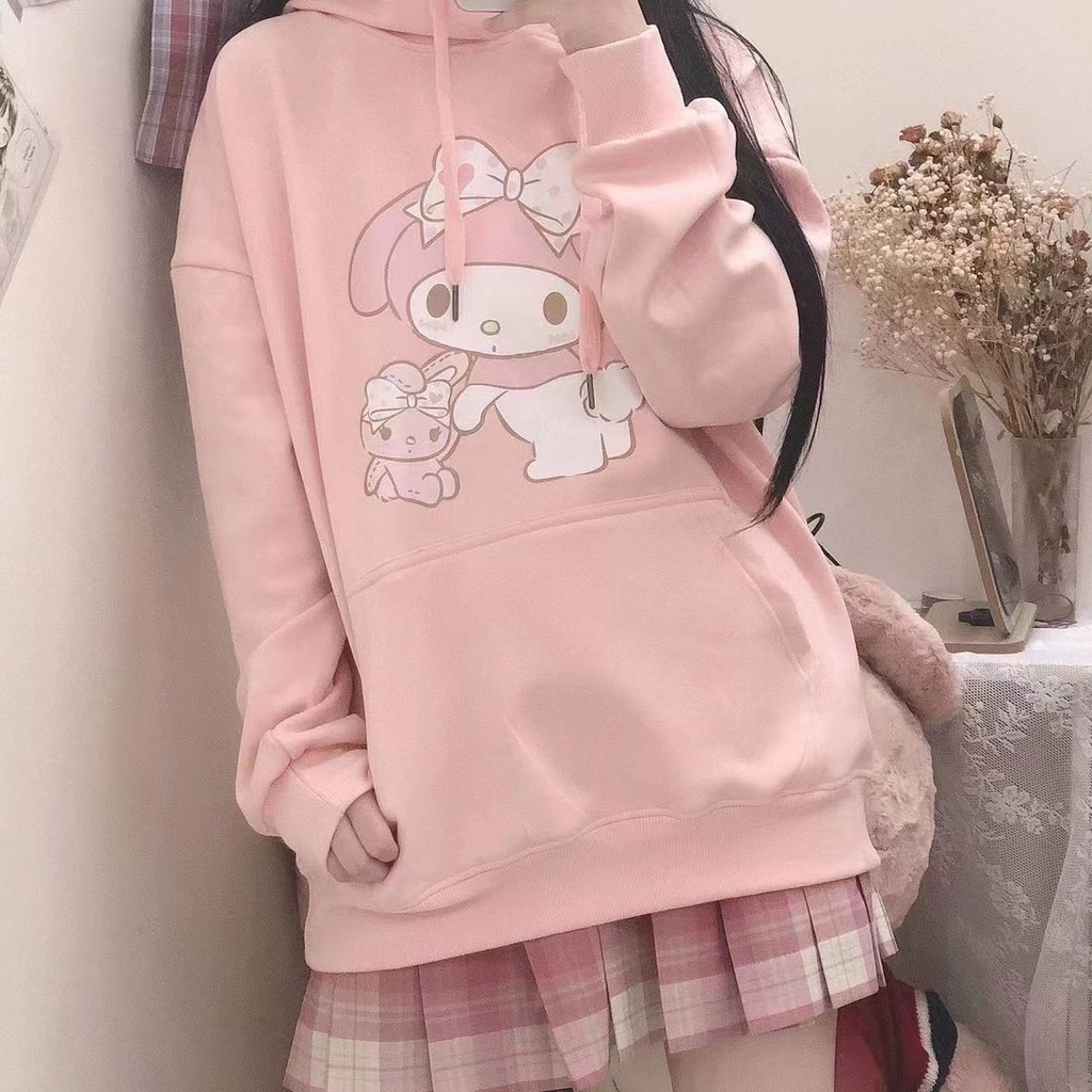 เสื้อกันหนาวแขนยาว มีฮู้ด ทรงหลวม ลาย Melody น่ารัก แฟชั่นเรียบง่าย สไตล์ฮาราจูกุ สําหรับผู้หญิง