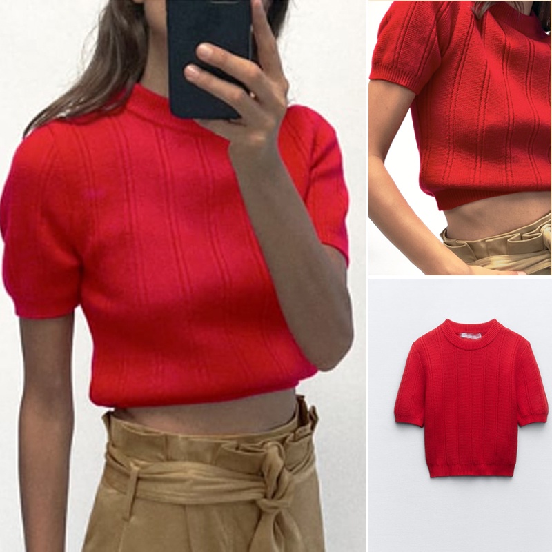 23 ฤดูใบไม้ร่วงสไตล์ใหม่คอกลมแขนสั้นเสื้อถักสั้น Ribbed ชั้นหลวมแฟชั่นหวาน9598292