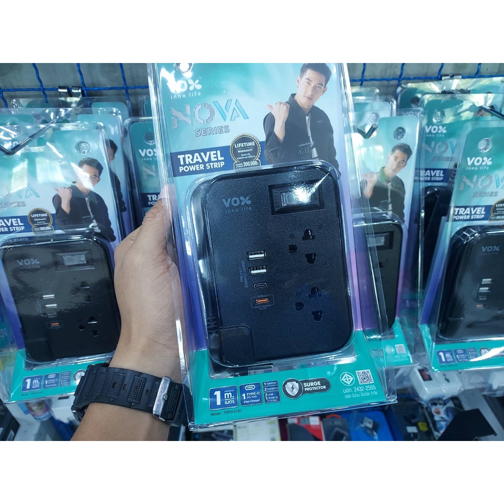 ถ่านกระดุม  Vox Nova รุ่น Travel TS-212C ปลั๊กไฟพกพาเดินทาง มอก. 2 ช่อง1 สวิตซ์ สายยาว1ม. USB TYPEC 