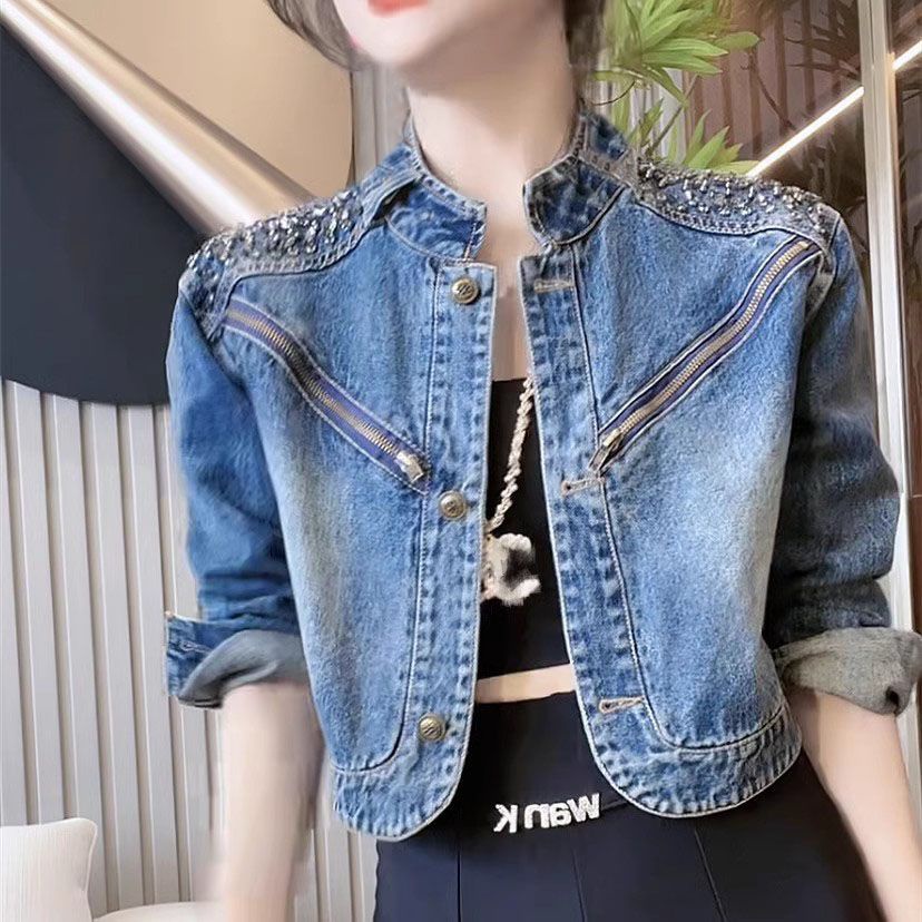 【imove พร้อมส่ง】เสื้อโค้ทยีนสั้น ประดับเพชร สไตล์เกาหลี สําหรับผู้หญิง