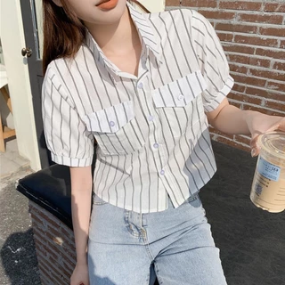 🌻Lune_Grace🌻W264#เสื้อเชิ้ดแขนสั้นลาายทางวินเทจสำหรับผู้หญิง คอปกตัวสั้น