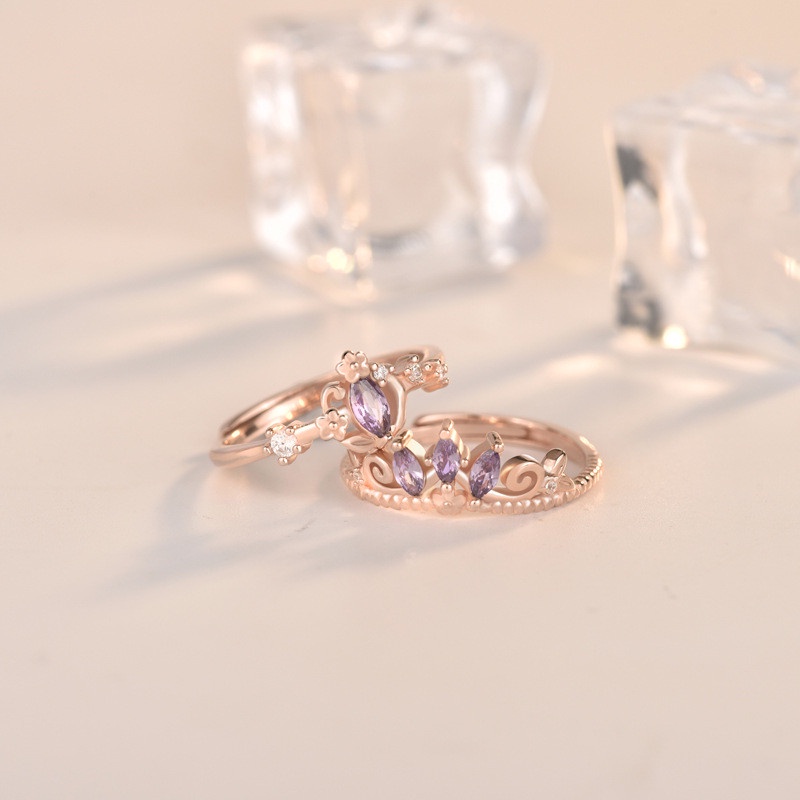 2PCS ธรรมชาติ Amethyst ปรับแหวนจับคู่ชุดสําหรับคนรักคู่ I Love You King Queen Crown สัญญาแหวน 925 เง